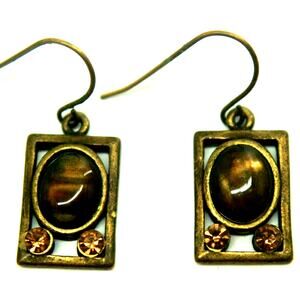 Park Lane Bronze Cabochon Glass Rhinestone Earrings 1-1/4" Long Dangle Hook